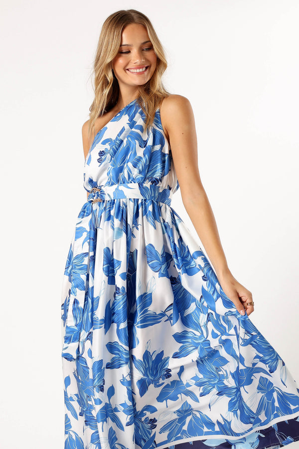 Petal and Pup USA DRESSES Naomi One Shoulder Midi Dress - Blue Floral