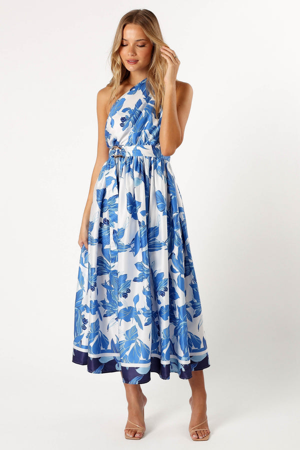 Petal and Pup USA DRESSES Naomi One Shoulder Midi Dress - Blue Floral