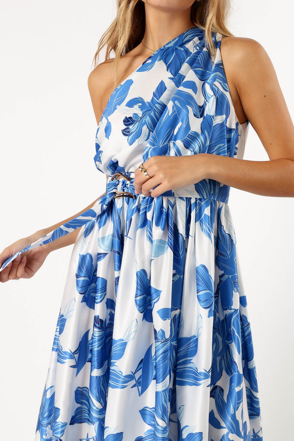 Petal and Pup USA DRESSES Naomi One Shoulder Midi Dress - Blue Floral