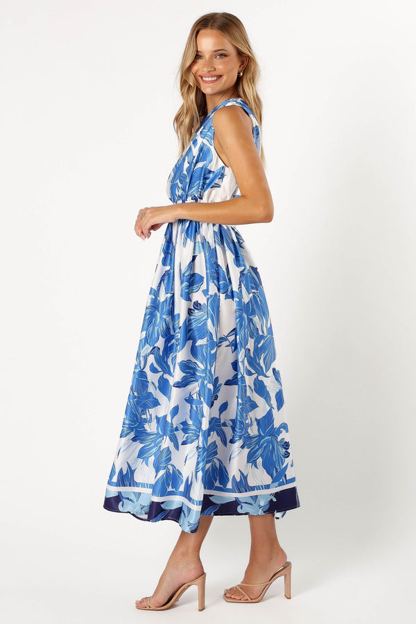 Petal and Pup USA DRESSES Naomi One Shoulder Midi Dress - Blue Floral