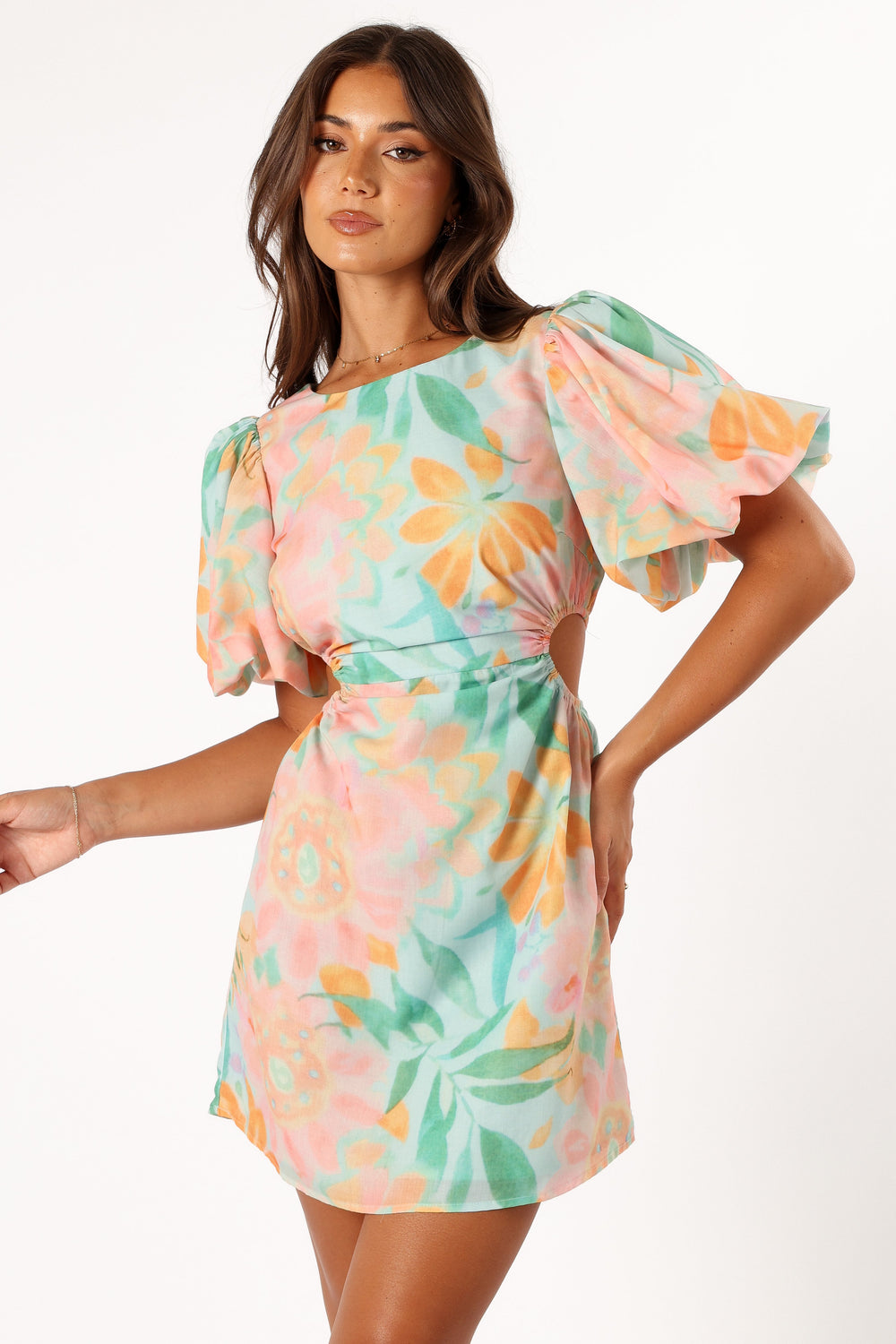 Petal and Pup USA DRESSES Natalie Puff Sleeve Mini Dress - Coral Print