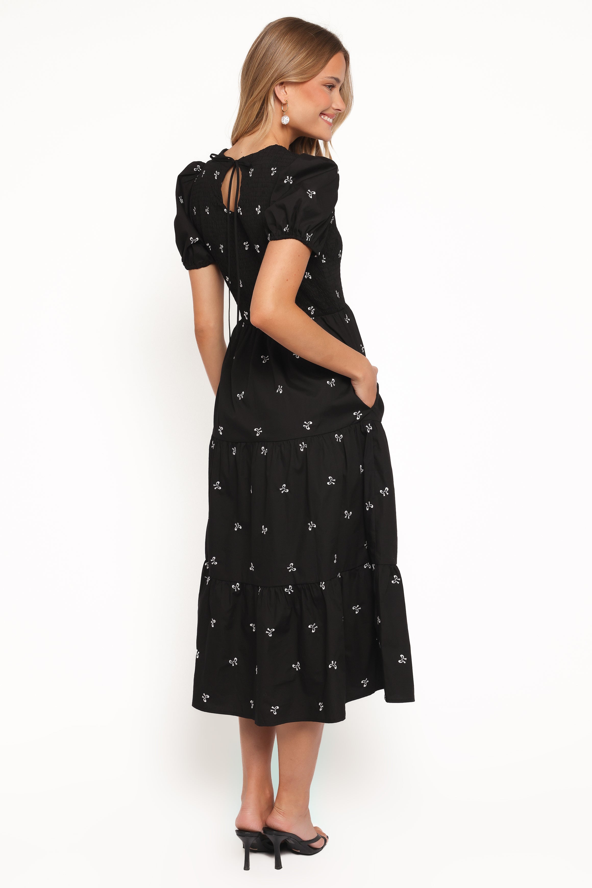 Petal and Pup USA DRESSES Naura Shirred Tiered Midi Dress - Black Bow