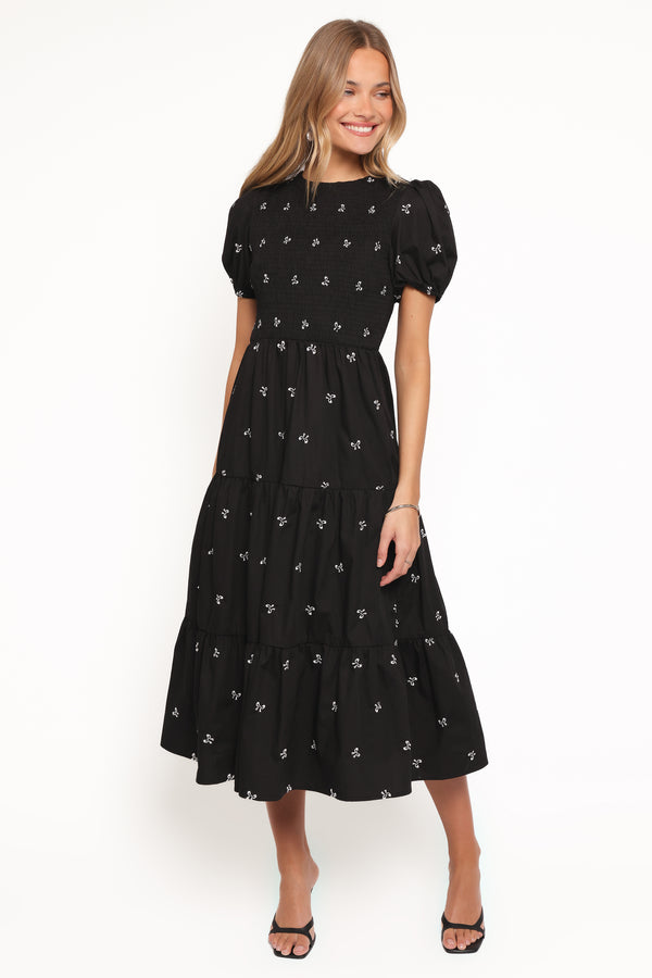 Petal and Pup USA DRESSES Naura Shirred Tiered Midi Dress - Black Bow