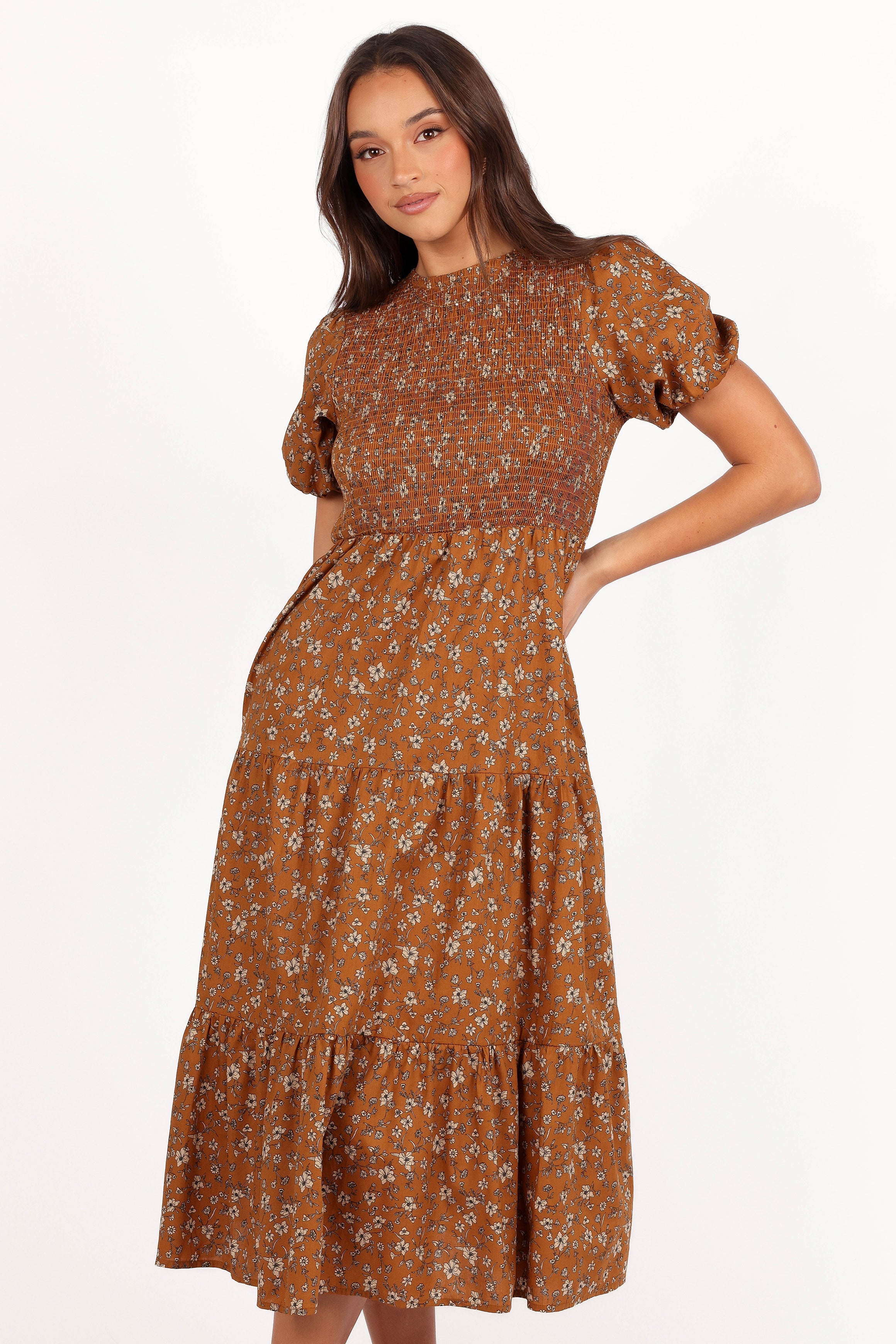 Petal and Pup USA DRESSES Naura Shirred Tiered Midi Dress - Cognac Floral