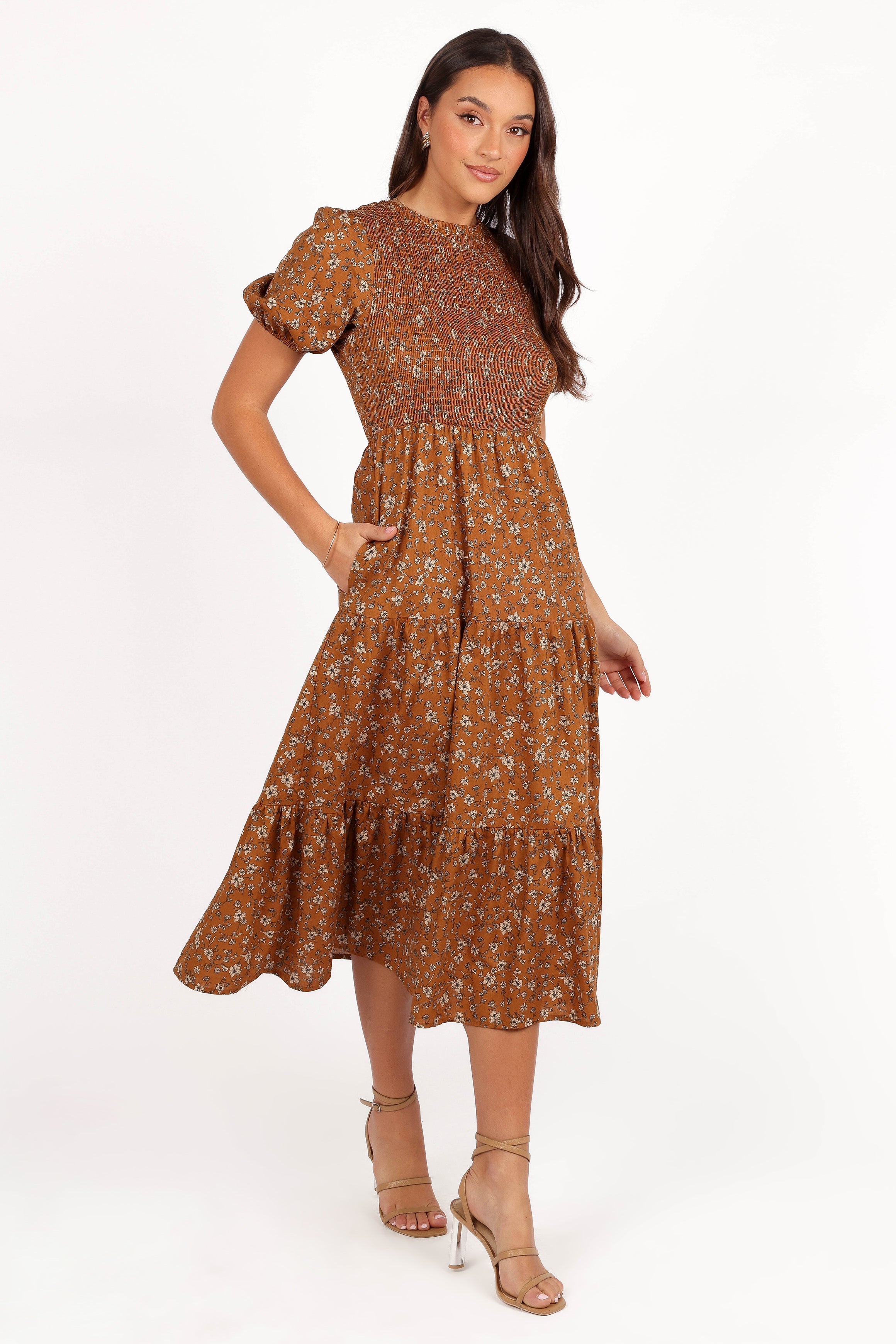 Petal and Pup USA DRESSES Naura Shirred Tiered Midi Dress - Cognac Floral