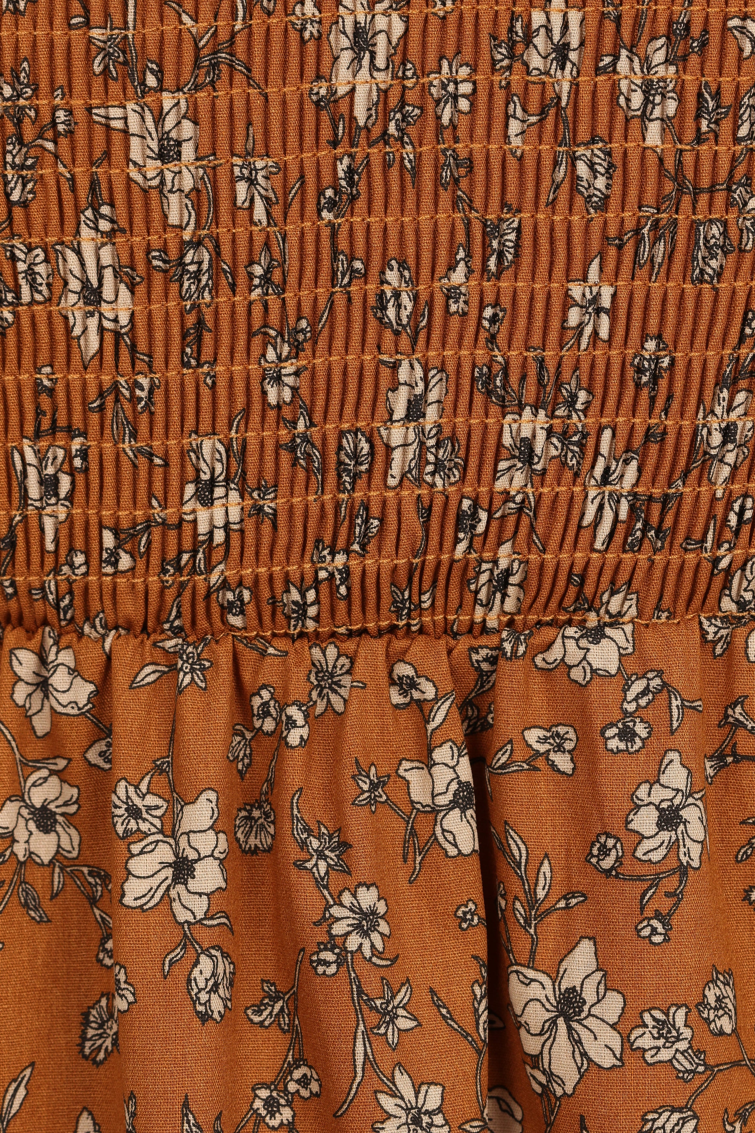 Petal and Pup USA DRESSES Naura Shirred Tiered Midi Dress - Cognac Floral