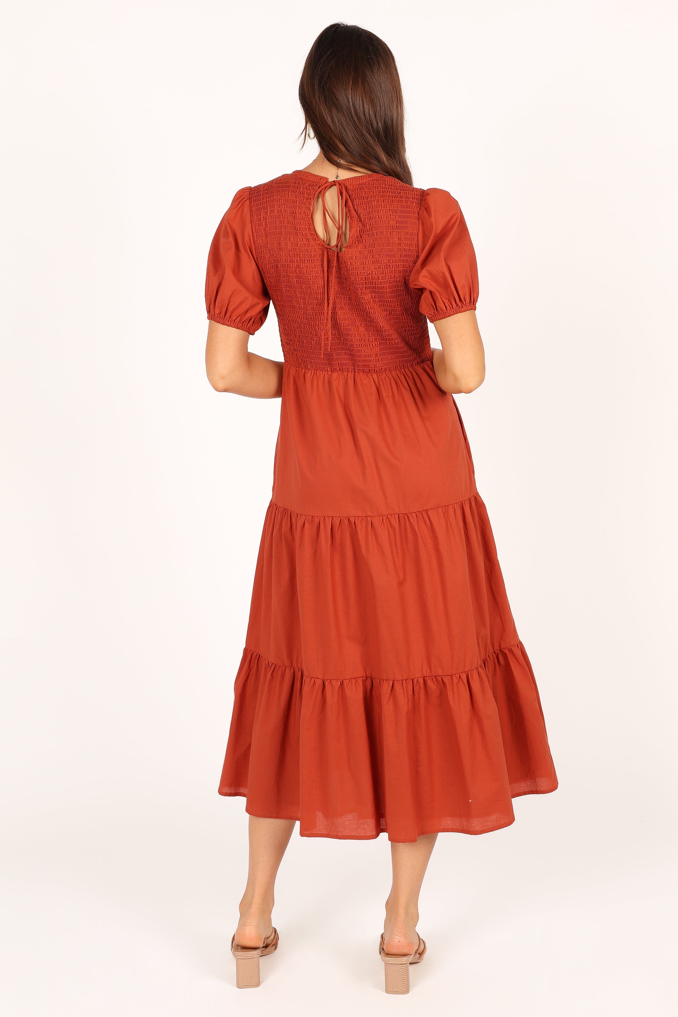 Petal and Pup USA DRESSES Naura Shirred Tiered Midi Dress - Rust