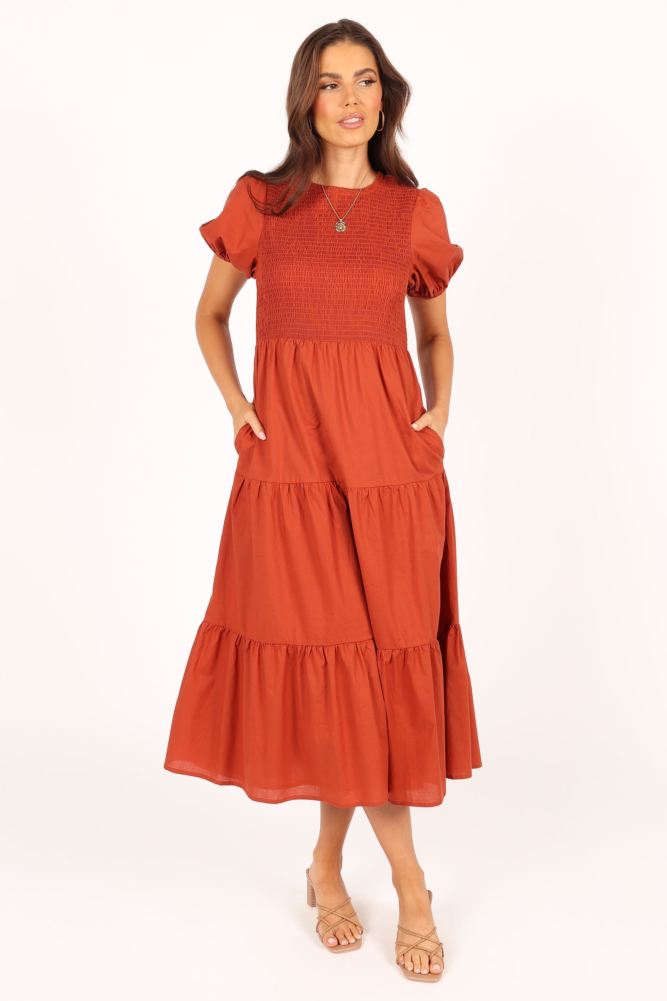 Petal and Pup USA DRESSES Naura Shirred Tiered Midi Dress - Rust