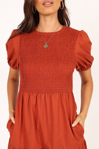 Petal and Pup USA DRESSES Naura Shirred Tiered Midi Dress - Rust