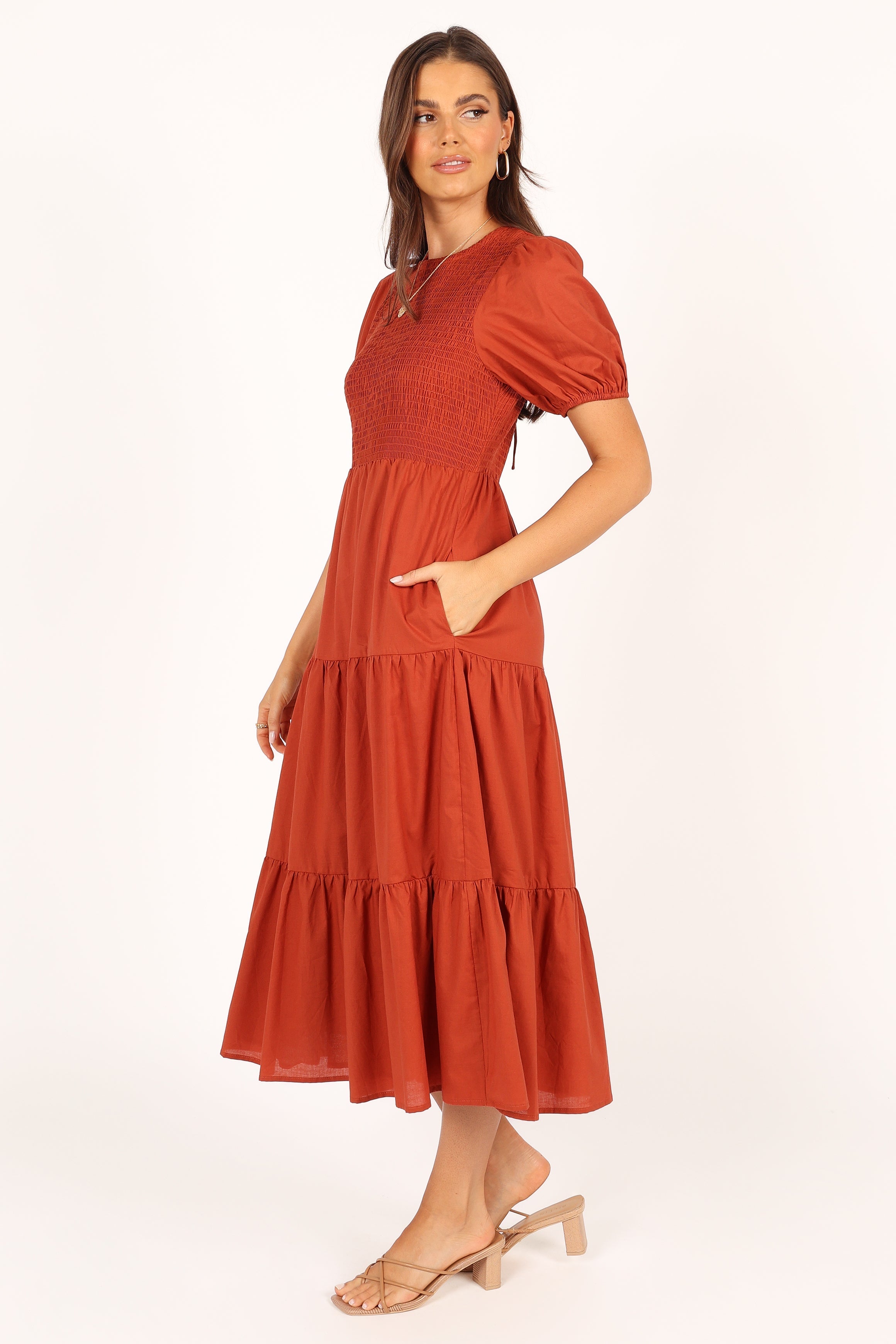 Petal and Pup USA DRESSES Naura Shirred Tiered Midi Dress - Rust