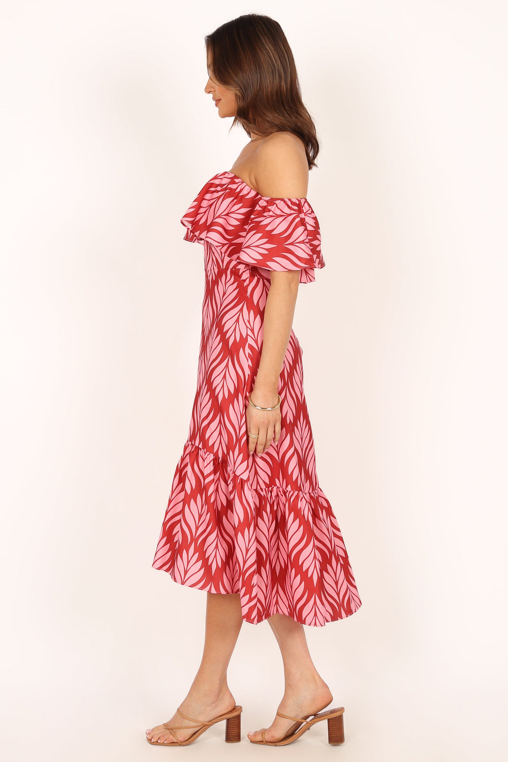 Petal and Pup USA DRESSES Neoma Strapless Midi Dress - Red Palm Print