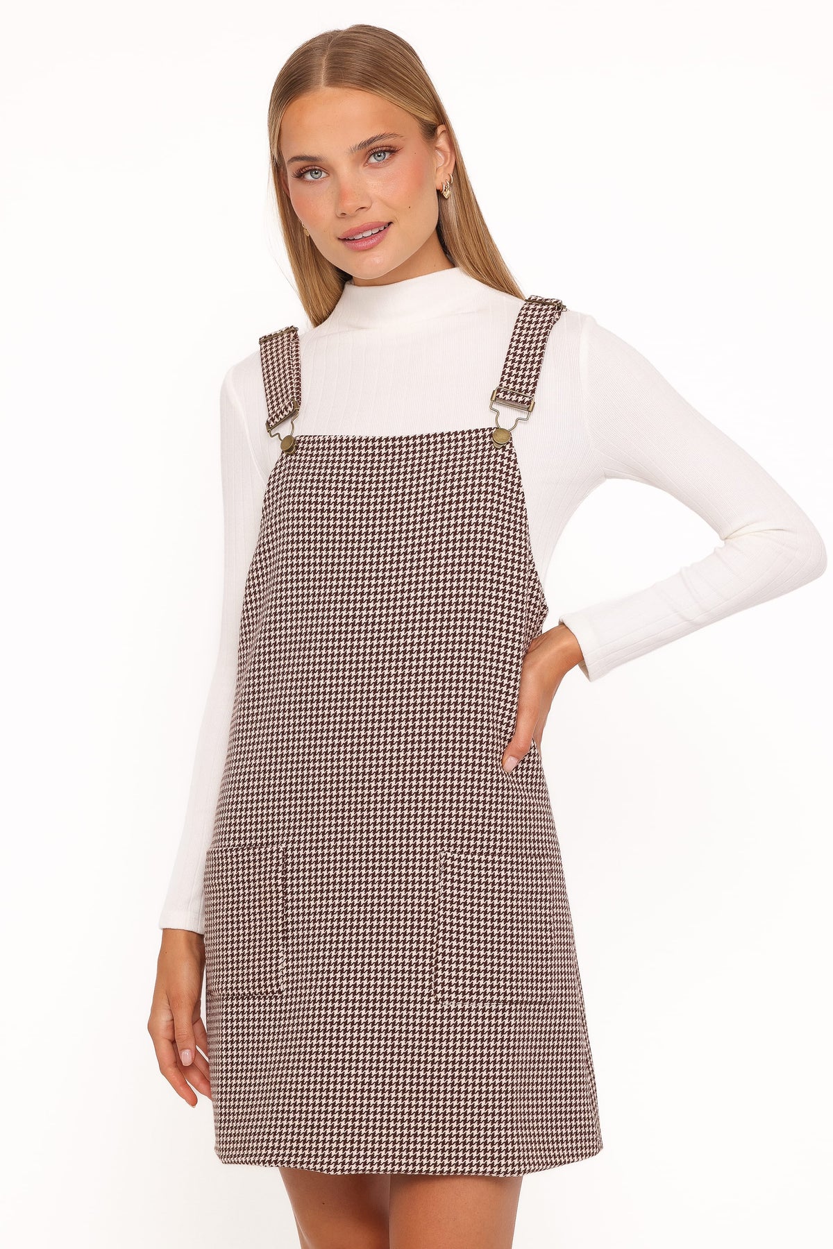 Petal and Pup USA DRESSES Noah Overall Mini Dress - Brown Houndstooth