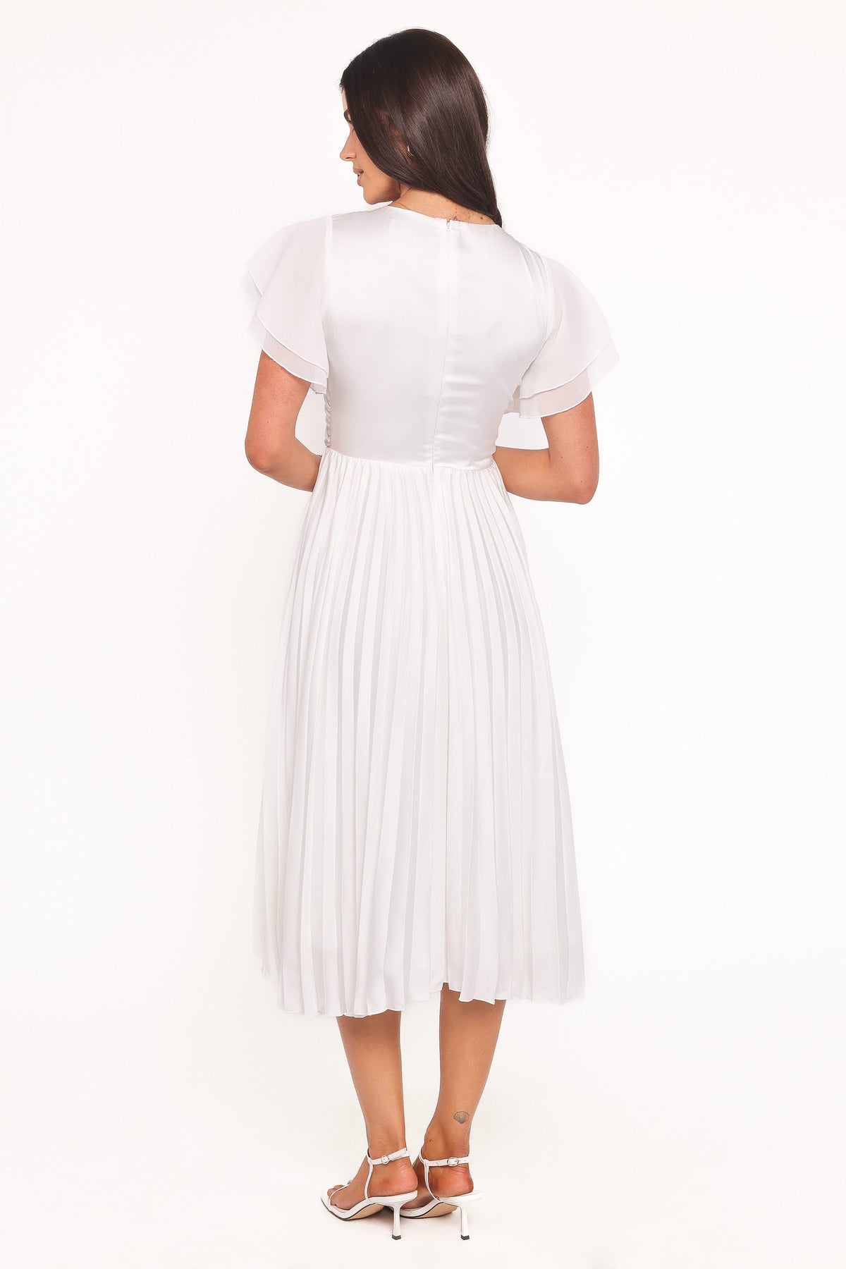 elegant white midi dress with sleeves Petal and Pup Women's Nova Flutter Sleeve Dress