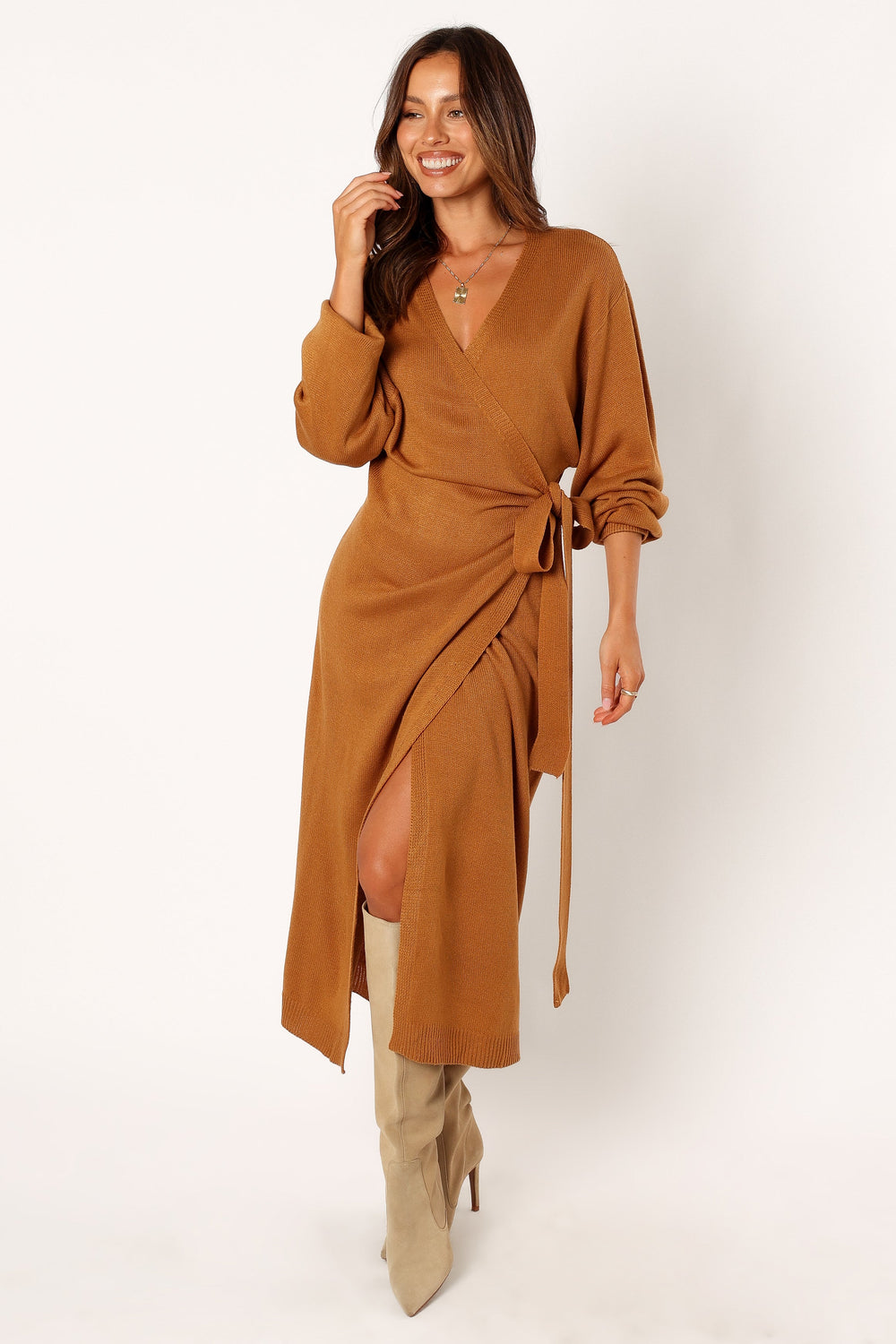 Petal and Pup USA DRESSES Nova Wrap Knit Midi Dress - Camel