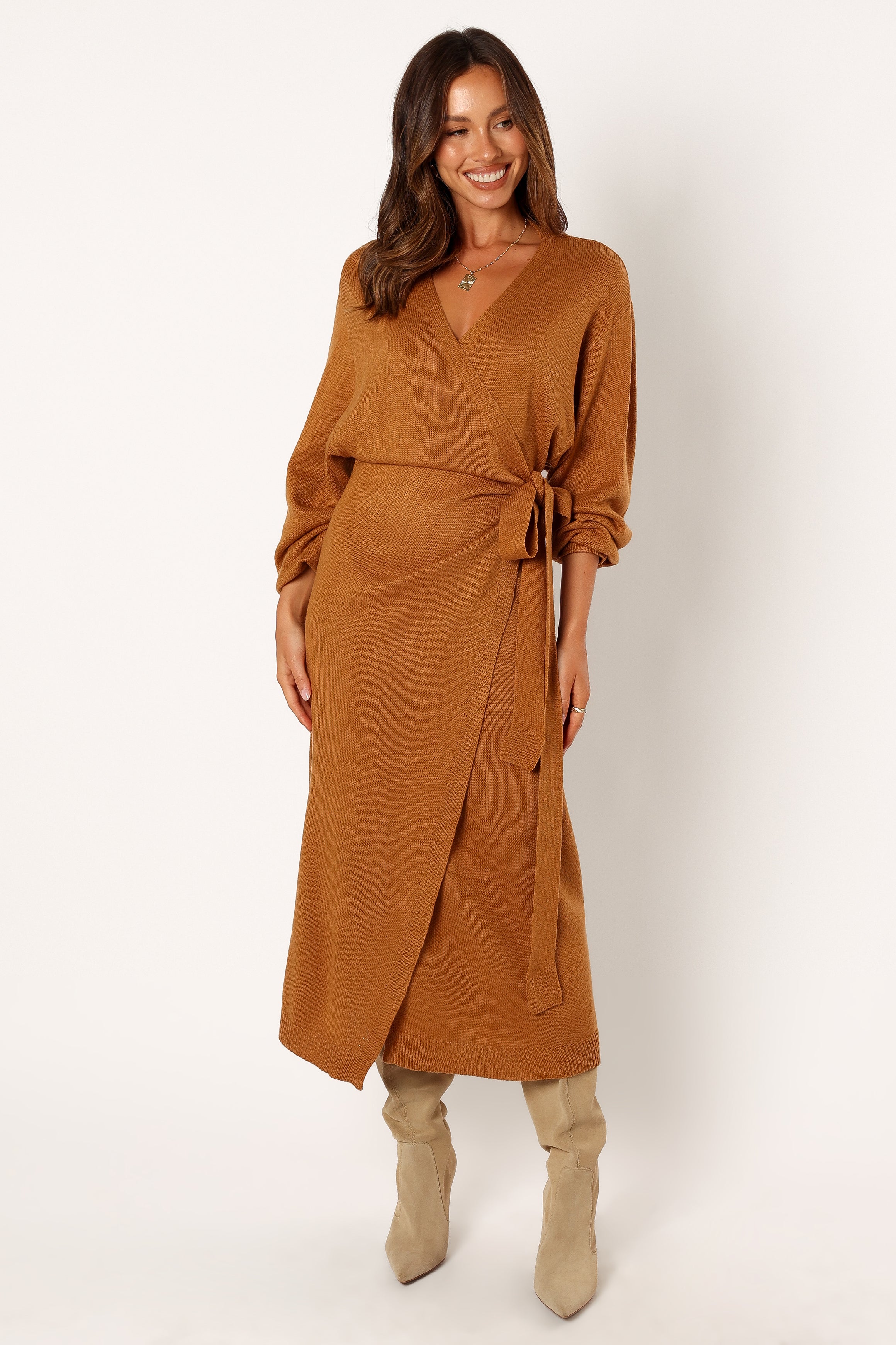 Petal and Pup USA DRESSES Nova Wrap Knit Midi Dress - Camel