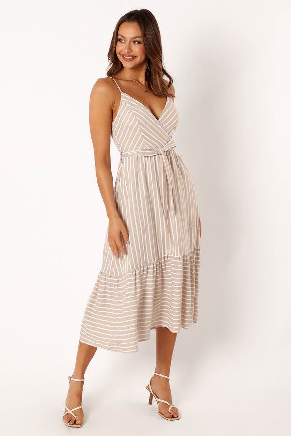 Petal and Pup USA DRESSES Odette Midi Dress - Beige Stripe