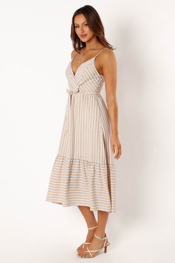 Petal and Pup USA DRESSES Odette Midi Dress - Beige Stripe