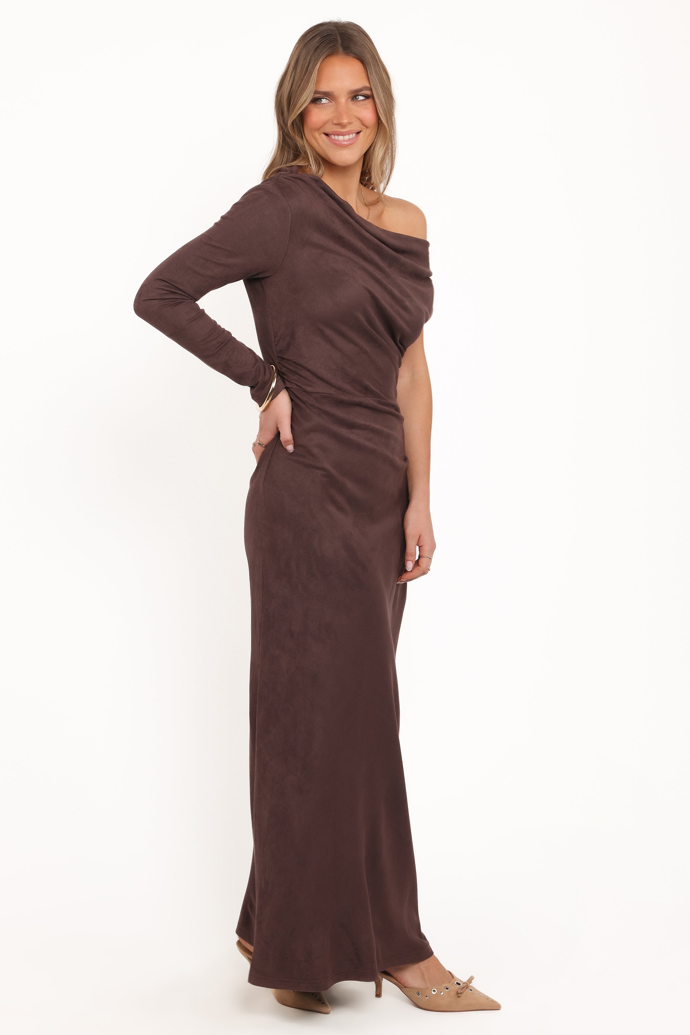 Petal and Pup USA DRESSES Olympia Off Shoulder Maxi Dress - Chocolate