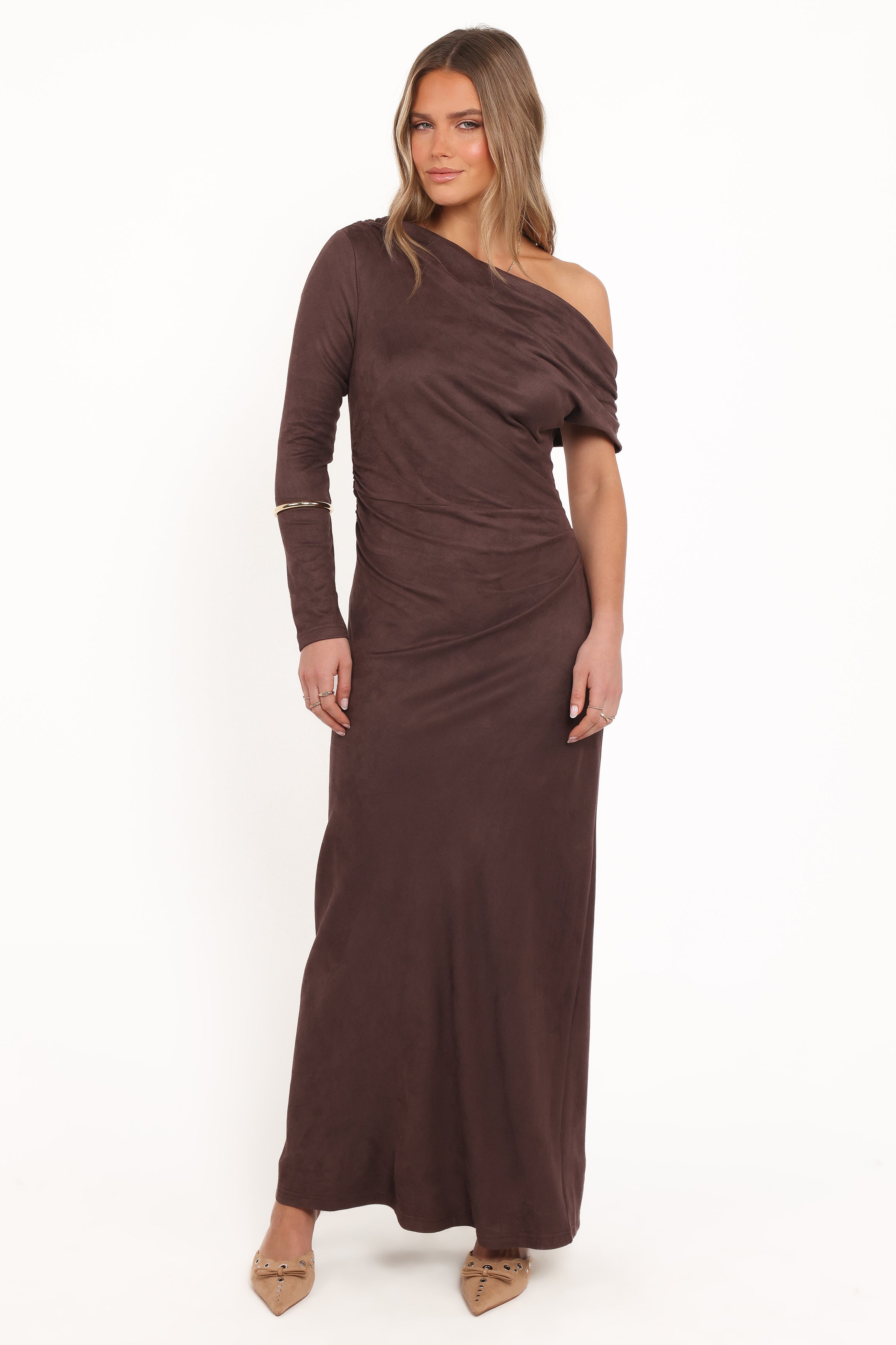 Petal and Pup USA DRESSES Olympia Off Shoulder Maxi Dress - Chocolate