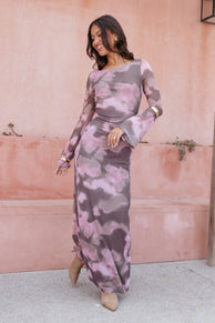 Petal and Pup USA DRESSES Pandora Long Sleeve Maxi Dress - Pink/Brown Print