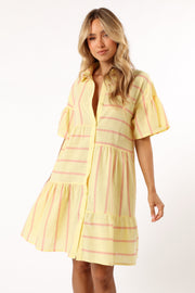Petal and Pup USA DRESSES Peachy Mini Dress - Yellow Pink Stripe