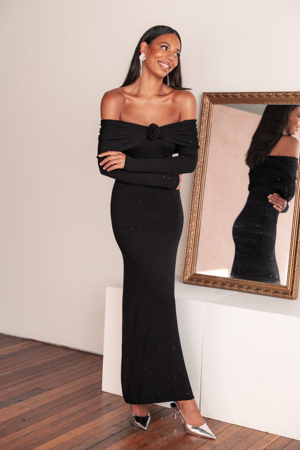 Petal and Pup USA DRESSES Pennie Maxi Dress - Black Sequin Knit