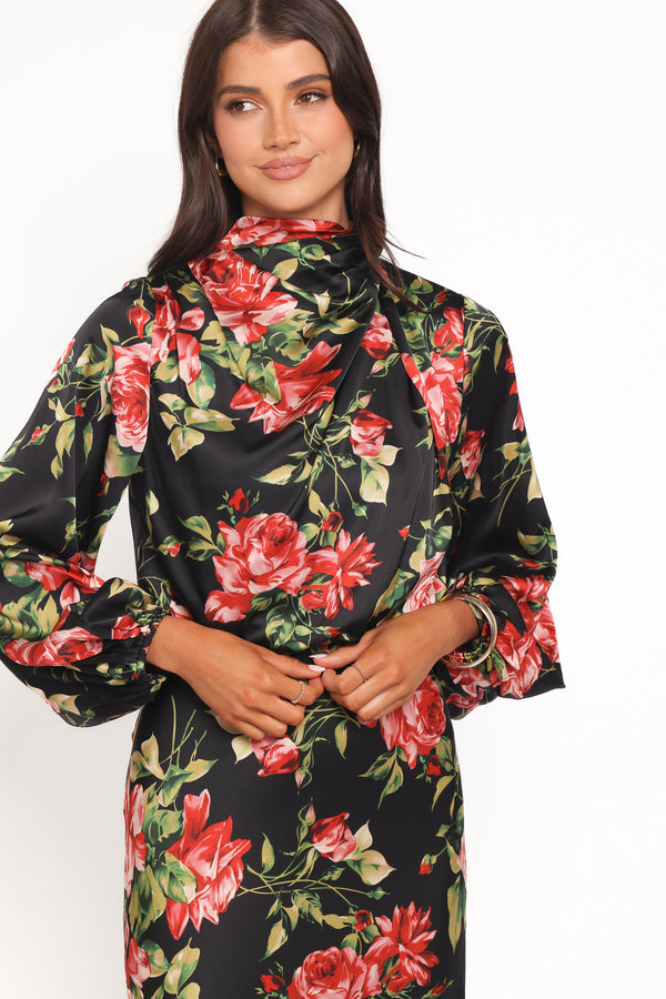 Petal and Pup USA DRESSES Perrie Long Sleeve Midi Dress - Black Floral