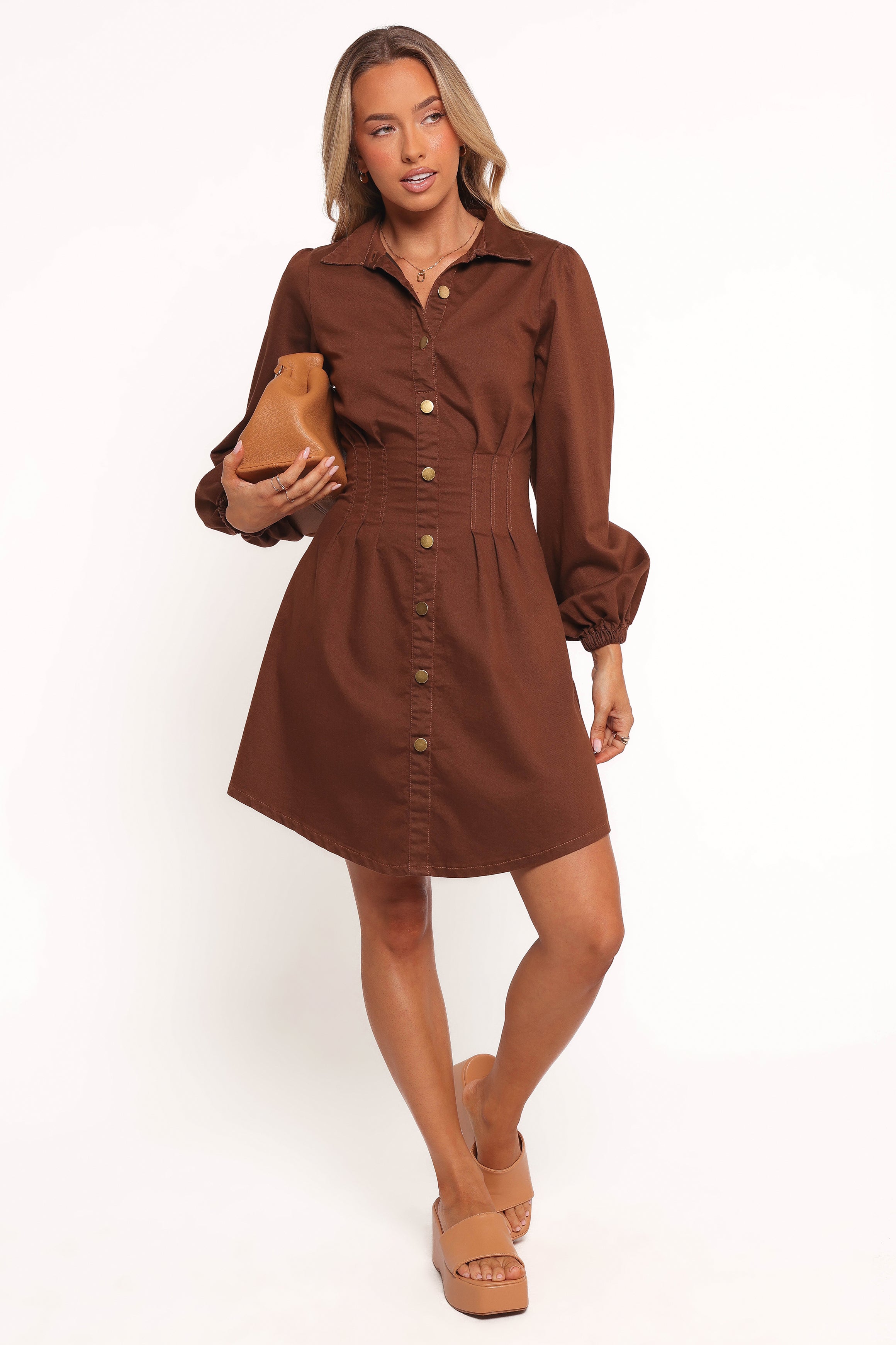 Petal and Pup USA DRESSES Phoenix Long Sleeve Mini Dress - Brown Denim