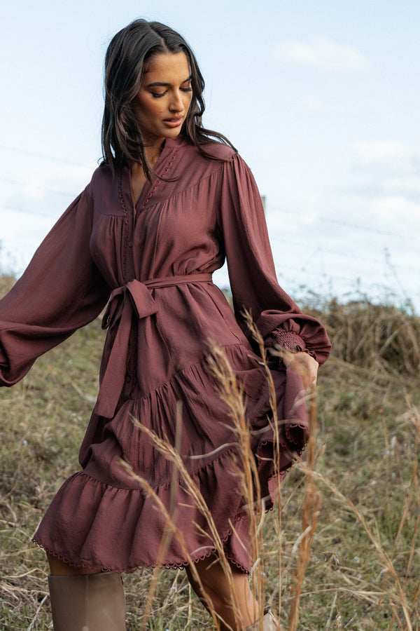 Petal and Pup USA DRESSES Pierce Long Sleeve Mini Dress - Dark Wine
