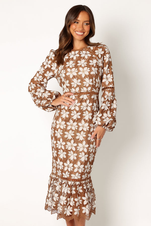 Petal and Pup USA DRESSES Pierre Long Sleeve Lace Maxi Dress - Mocha