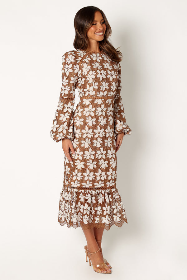 Petal and Pup USA DRESSES Pierre Long Sleeve Lace Maxi Dress - Mocha