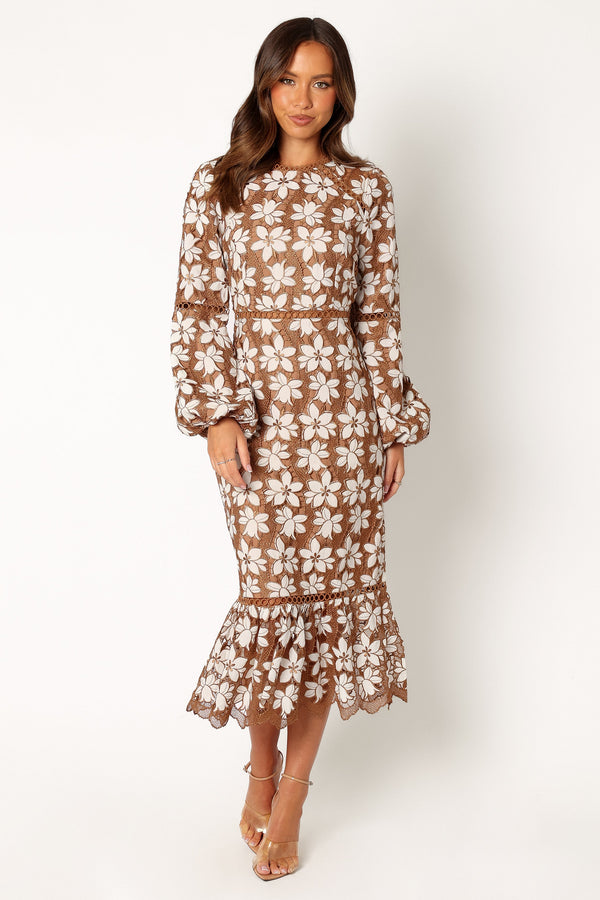 Petal and Pup USA DRESSES Pierre Long Sleeve Lace Maxi Dress - Mocha