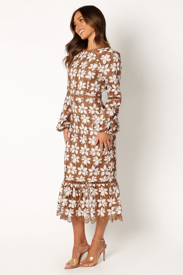 Petal and Pup USA DRESSES Pierre Long Sleeve Lace Maxi Dress - Mocha