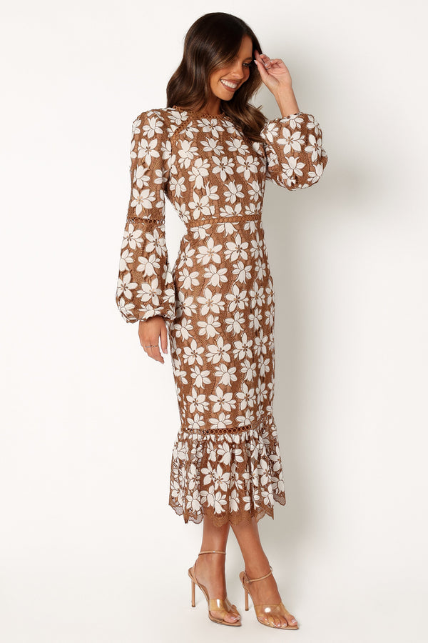 Petal and Pup USA DRESSES Pierre Long Sleeve Lace Maxi Dress - Mocha