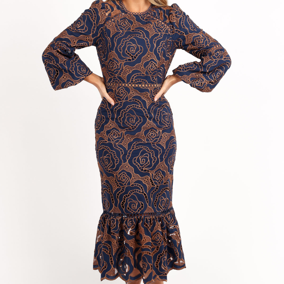 Pierre Long Sleeve Lace Maxi Dress - Navy
