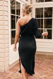 Pontee One Shoulder Pleated Midi Dress - Black