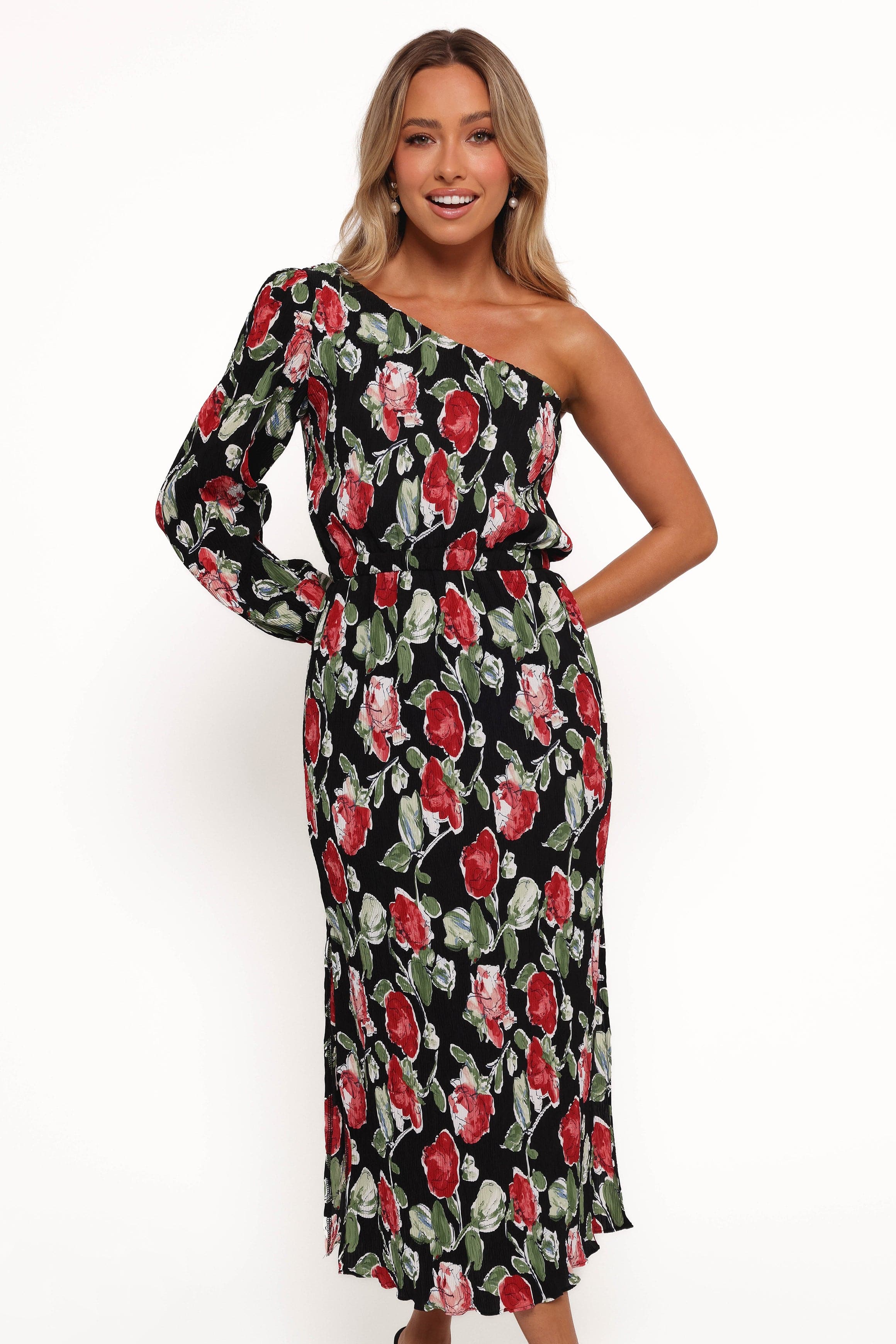 Petal and Pup USA DRESSES Pontee One Shoulder Pleated Midi Dress - Black Rose Print