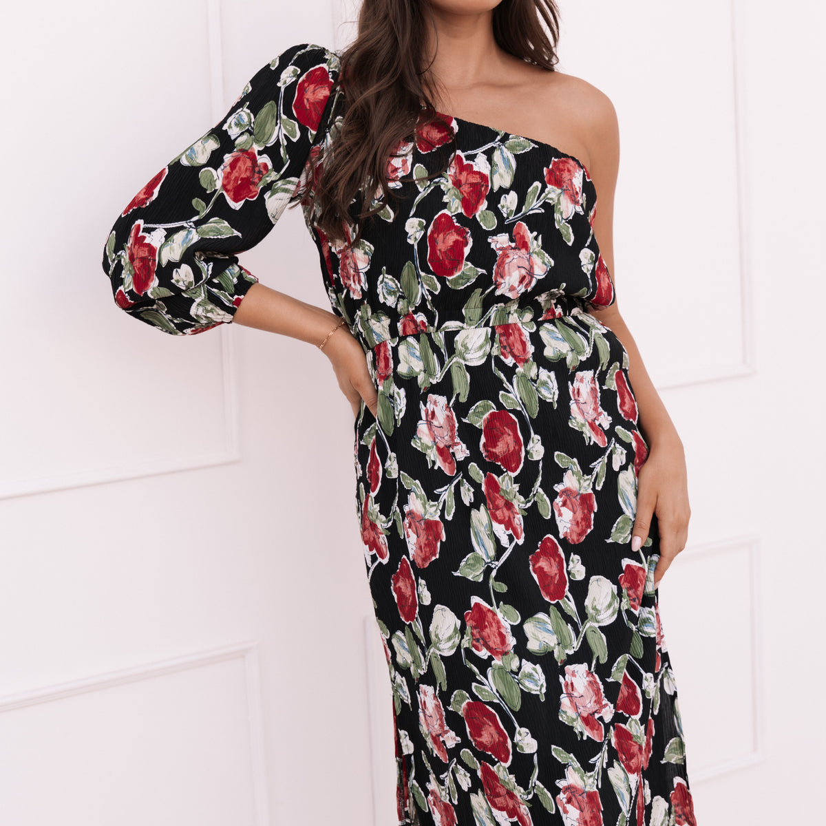 Pontee One Shoulder Pleated Midi Dress - Black Rose Print