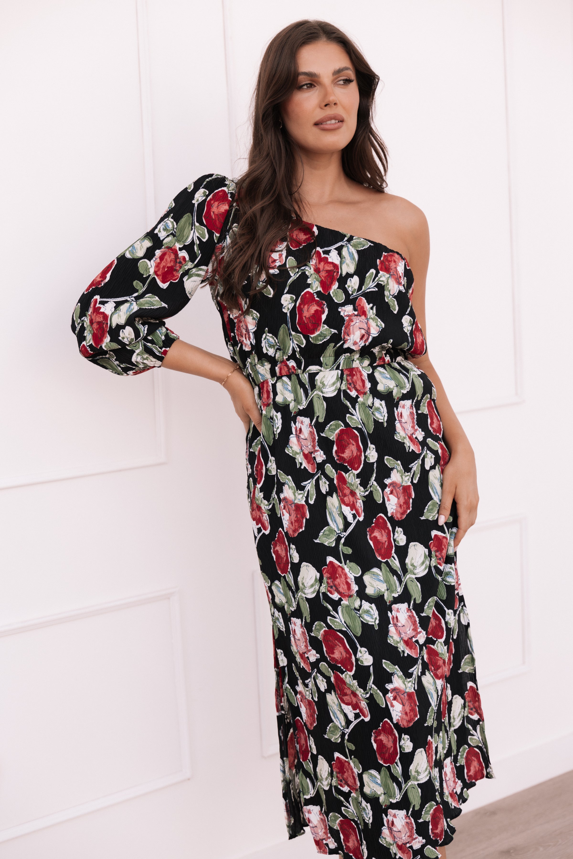 open lace back dress Pontee One Shoulder Pleated Midi Dress