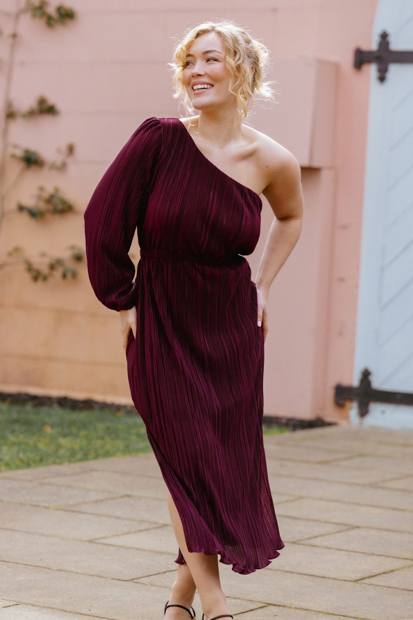 Pontee One Shoulder Pleated Midi Dress