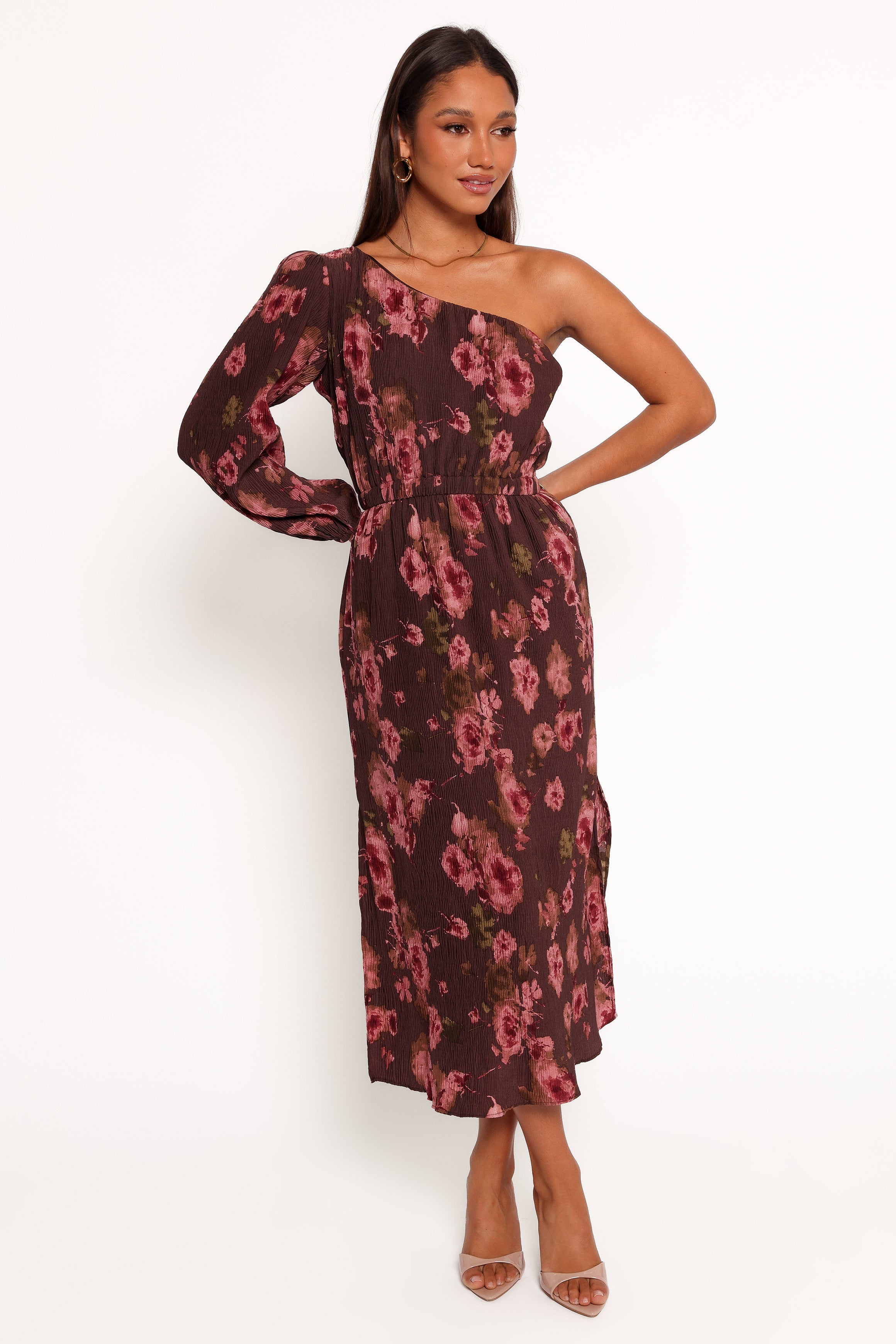 Petal and Pup USA DRESSES Pontee One Shoulder Pleated Midi Dress - Chocolate Brown