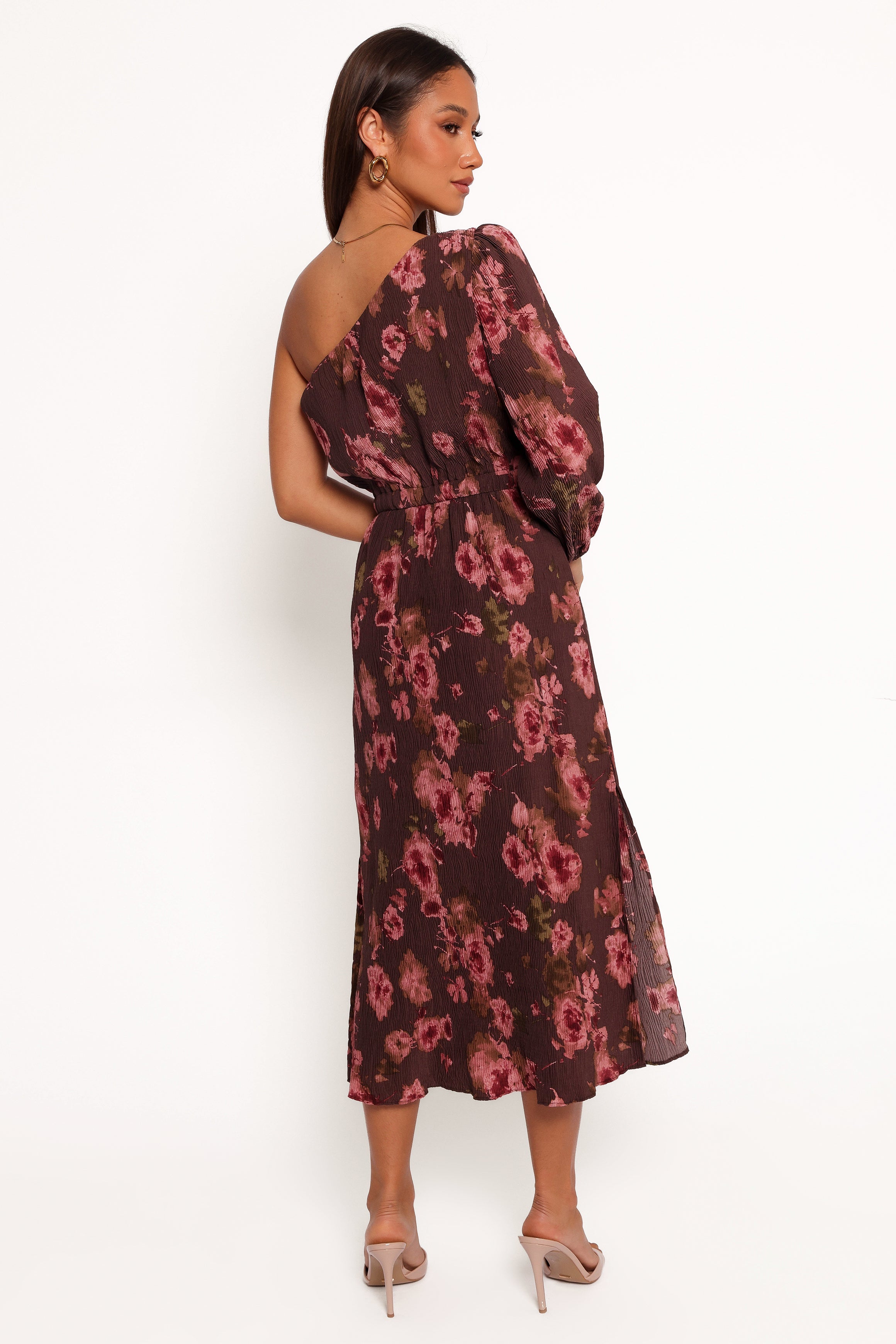 Petal and Pup USA DRESSES Pontee One Shoulder Pleated Midi Dress - Chocolate Brown