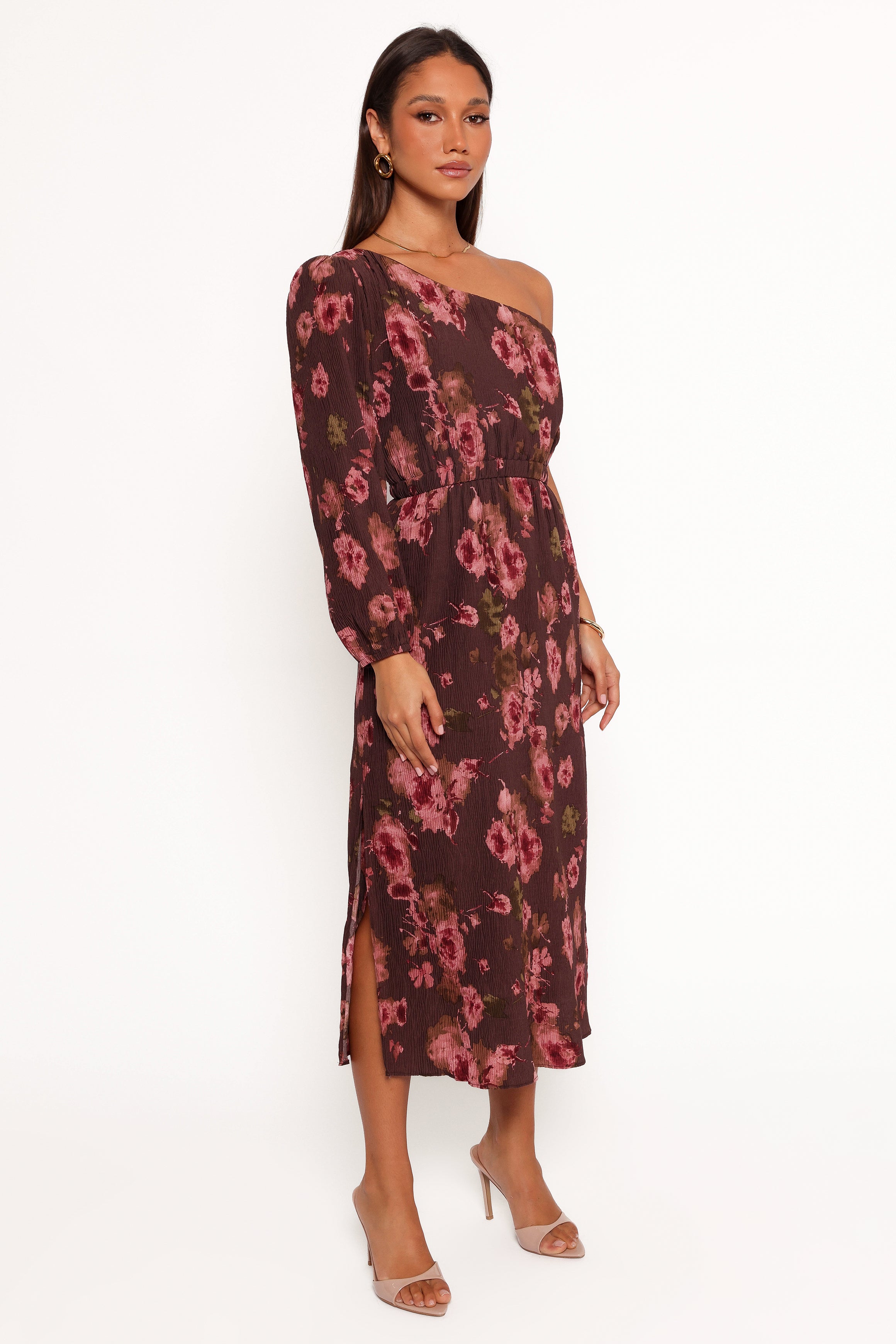 Petal and Pup USA DRESSES Pontee One Shoulder Pleated Midi Dress - Chocolate Brown