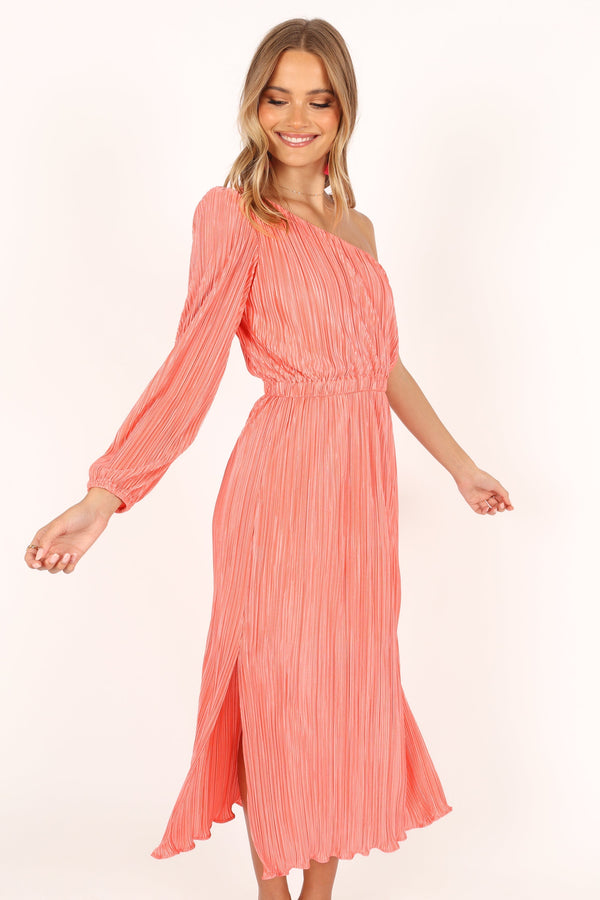 Petal and Pup USA DRESSES Pontee One Shoulder Pleated Midi Dress - Coral