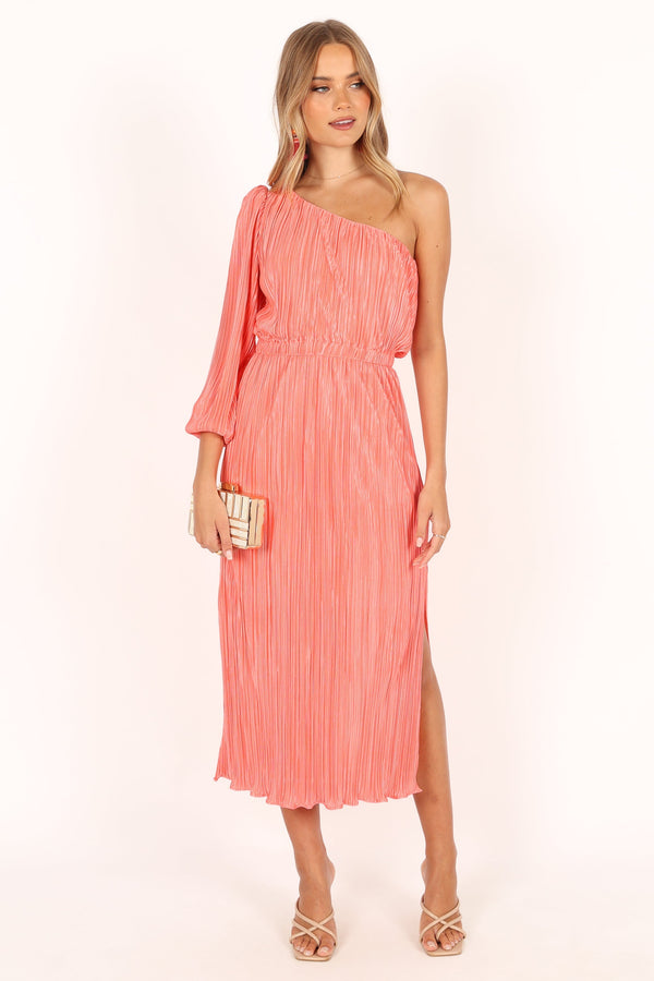 Petal and Pup USA DRESSES Pontee One Shoulder Pleated Midi Dress - Coral