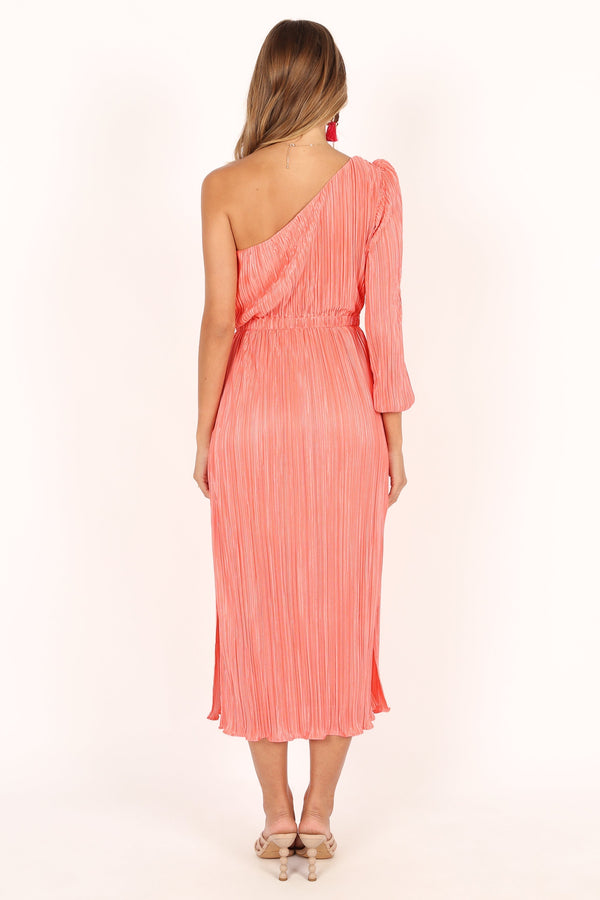 Petal and Pup USA DRESSES Pontee One Shoulder Pleated Midi Dress - Coral