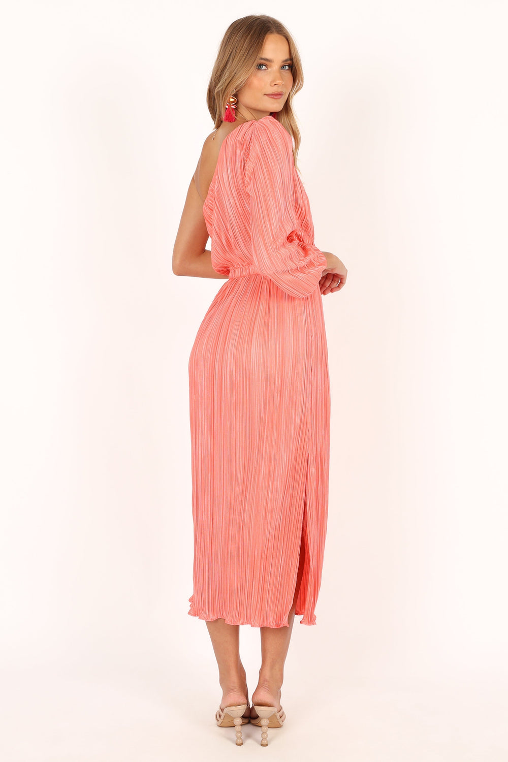 Petal and Pup USA DRESSES Pontee One Shoulder Pleated Midi Dress - Coral