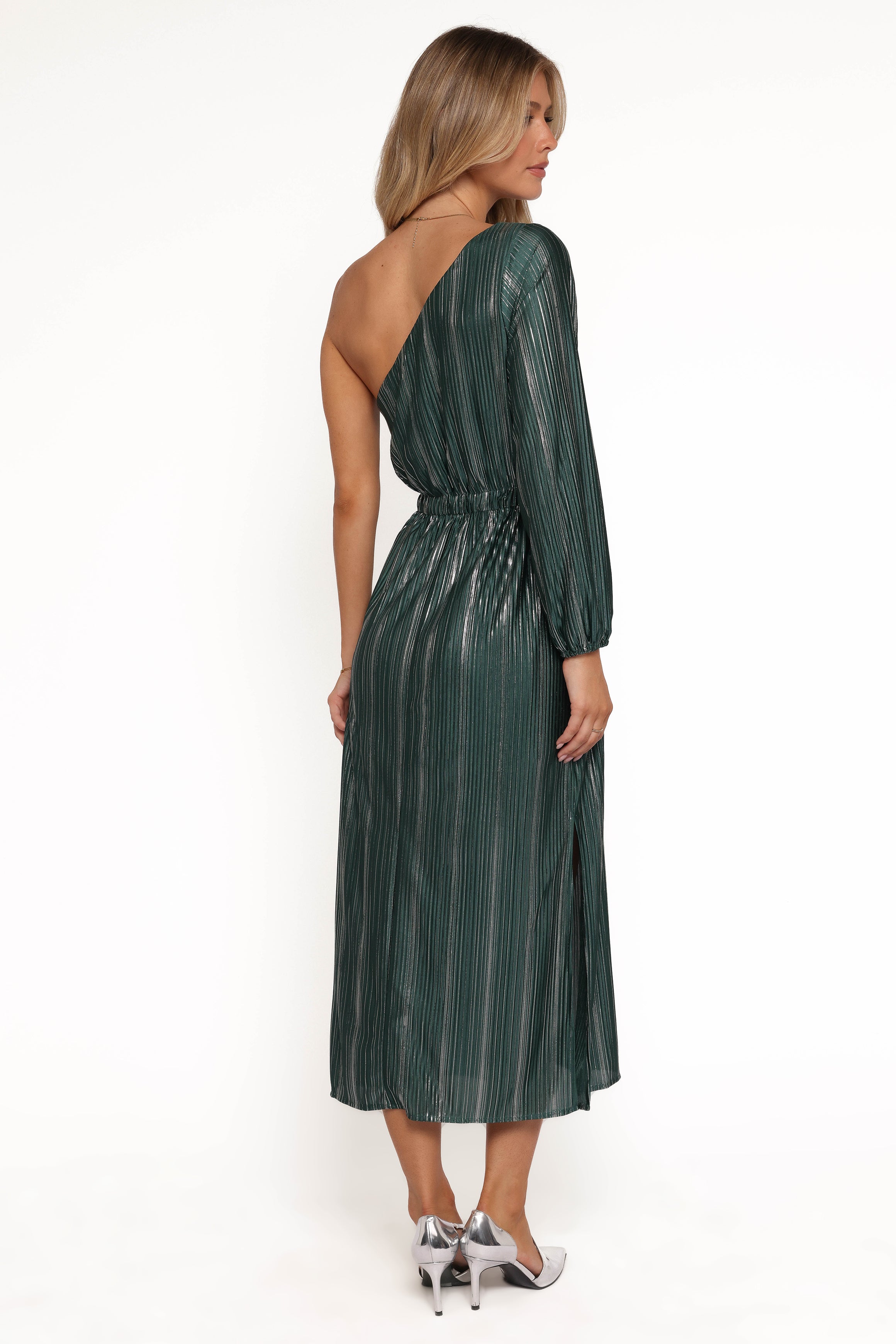 Petal and Pup USA DRESSES Pontee One Shoulder Pleated Midi Dress - Green