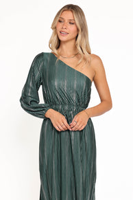 Petal and Pup USA DRESSES Pontee One Shoulder Pleated Midi Dress - Green