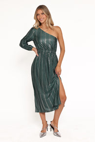 Petal and Pup USA DRESSES Pontee One Shoulder Pleated Midi Dress - Green